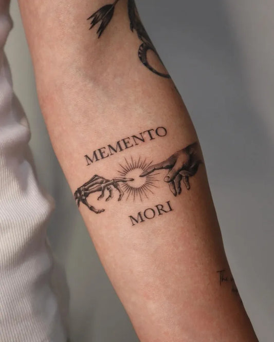 Medium Blackwork Memento Mori Hands Sun on Women Arm Tattoo by @vilastattoo