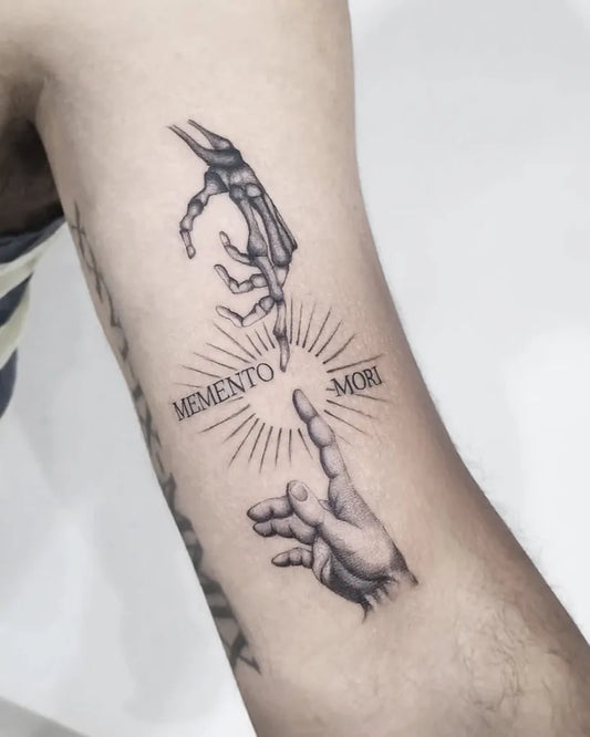 Medium Blackwork Memento Mori Hands on Men Arm Tattoo by @marisuntattoo