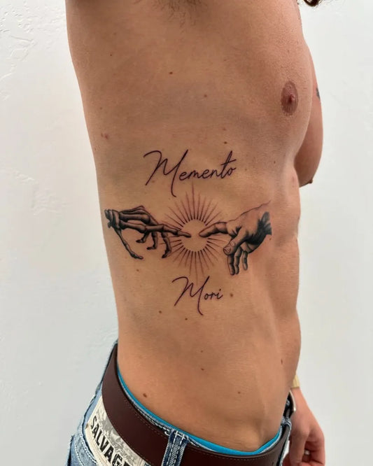 Medium Blackwork Memento Mori Hands on Men Ribs Tattoo by @winterhavenink