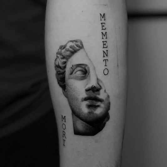 Medium Blackwork Memento Mori Men Arm Tattoo by @nion.needle