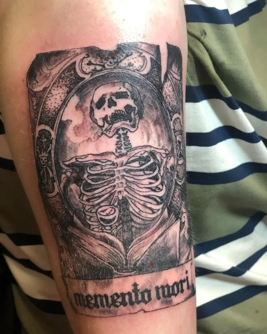 Medium Blackwork Memento Mori Skeleton Book on Men Arm Tattoo by @saltyparrotcaptain