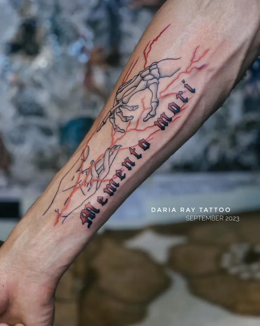 Medium Blackwork Memento Mori Skeleton Hand on Men Forearm Tattoo by @daria.ray.tattoo