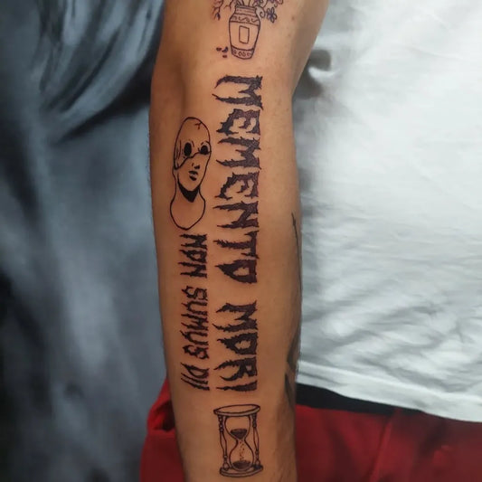 Medium Blackwork Memento Mori Skull Hourglass on Men Arm Tattoo by @roo_nutkins