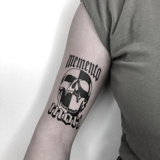 Medium Blackwork Memento Mori Skull on Men Arm Tattoo by @crimclay