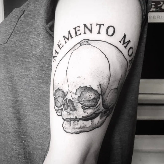 Medium Blackwork Memento Mori Skull on Men Arm Tattoo by @neal_panda