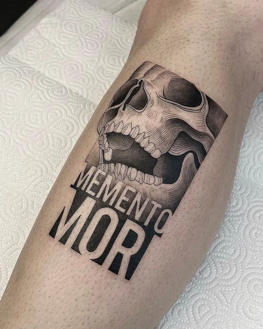 Medium Blackwork Memento Mori Skull on Men Leg Tattoo by @inktotalart