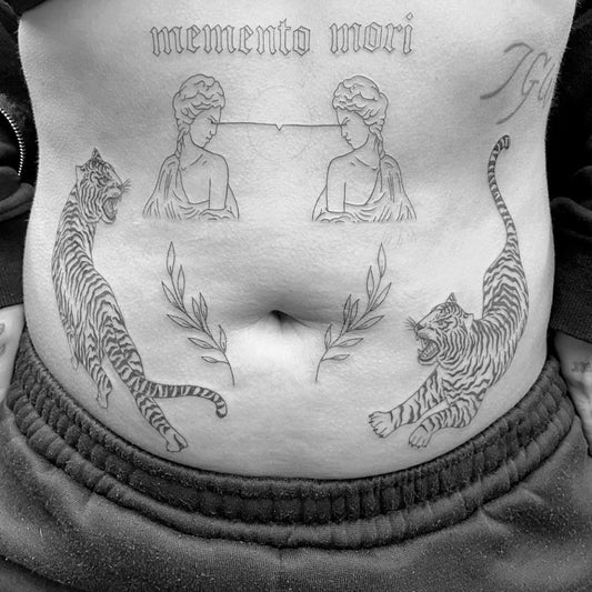 Medium Blackwork Memento Mori Women Stomach by @northhollywoodtattoostudio