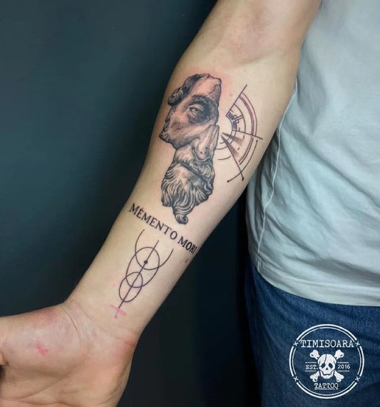 Medium Blackwork Memento Mori on Men Arm Tattoo by @timisoara.tattoo