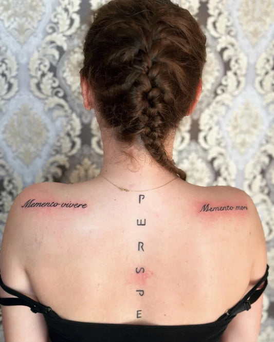 Medium Blackwork Memento Mori on Women Back Tattoo by @mariuss.p23