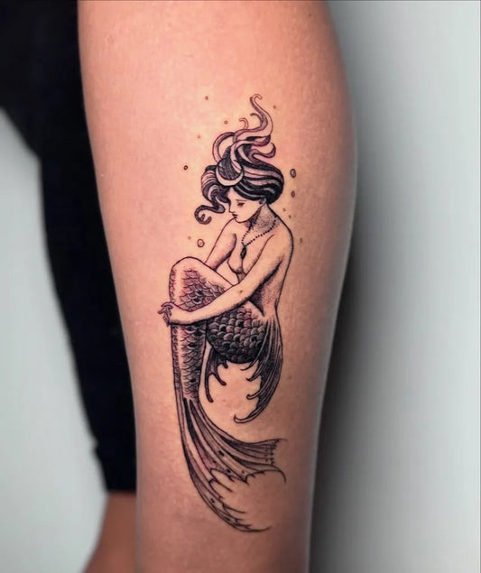 Medium Blackwork Mermaid Tattoo on Women Leg by @osmanerto