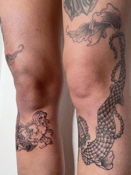 Medium Blackwork Mermaid and Flowers Tattoo on Women Leg by @milenathekid