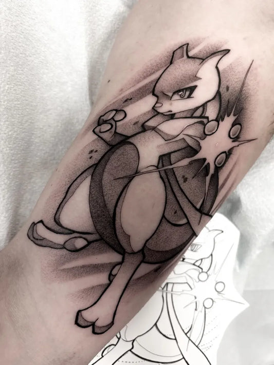 Medium Blackwork Mewtwo Tattoo on Men Arm by @blvir_