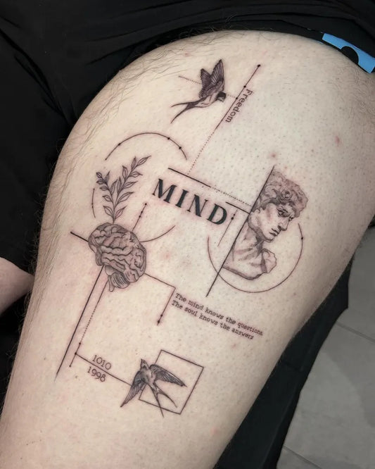 Medium Blackwork Mind Brain Profile Quote Tattoo on Men Thigh by @lucybethantattoos