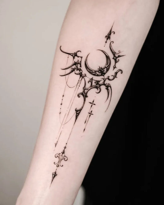 Medium Blackwork Moon Cross Tattoo on Women Arm by @auua.tattoo