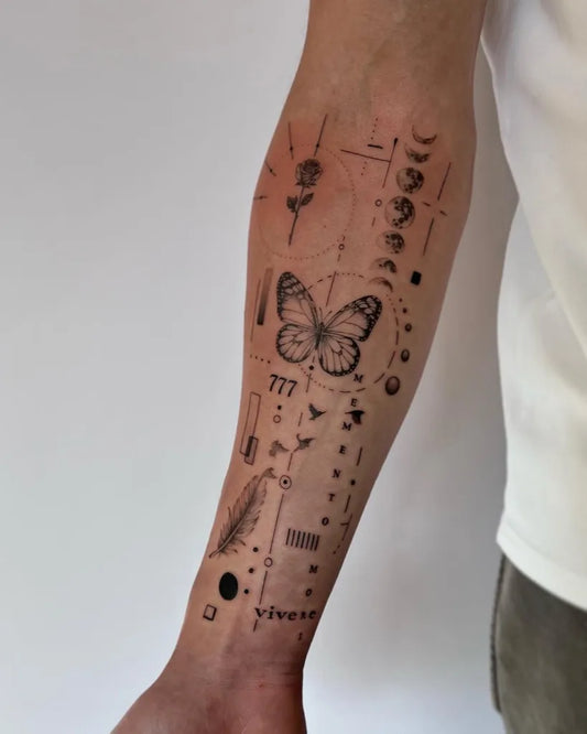 Medium Blackwork Moon Phases Butterfly Rose Tattoo on Men Arm by @daughters_skin