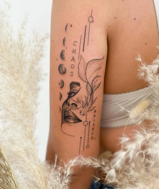 Medium Blackwork Moon Phases Koi and Chaos Tattoo on Women Arm by @ladnie.ink