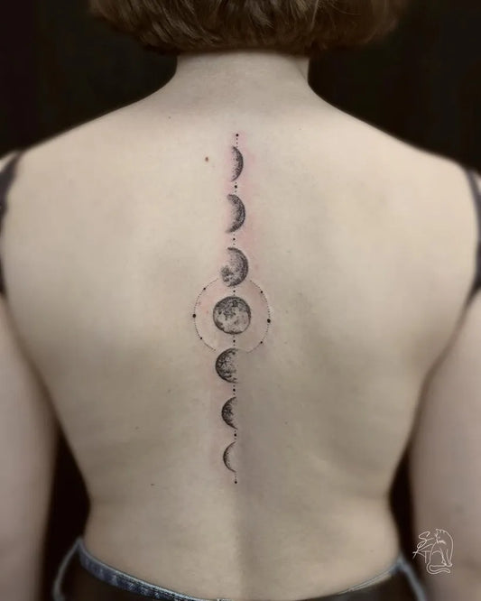 Medium Blackwork Moon Phases Tattoo on Women Back by @schwarzekatze.ttt