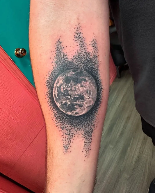 Medium Blackwork Moon with Dust Particles on Men Arm Tattoo by @redcatstudio.victoria