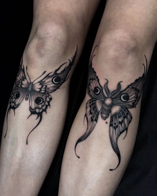 Medium Blackwork Moth Tattoo on Women Knee by @needle.mistress