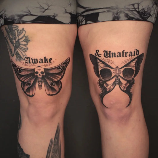 Medium Blackwork Moth and Skull Tattoo on Women Knee by @h_k_tattoo