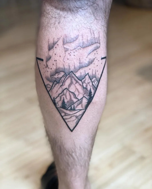 Medium Blackwork Mountain Aurora Tattoo on Men Calf by @killakay1