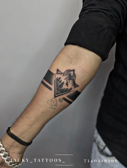 Medium Blackwork Mountain Band Tattoo on Men Armband by @jacky_tattoos_