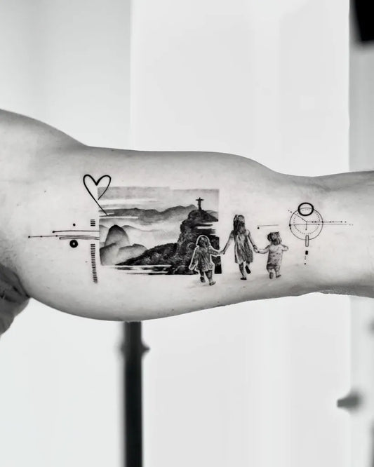 Medium Blackwork Mountain Family Tattoo on Men Arm by @mafis_tats