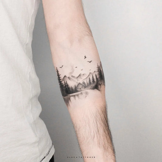 Medium Blackwork Mountain Forest Birds Tattoo on Men Arm by @klax.tattooer