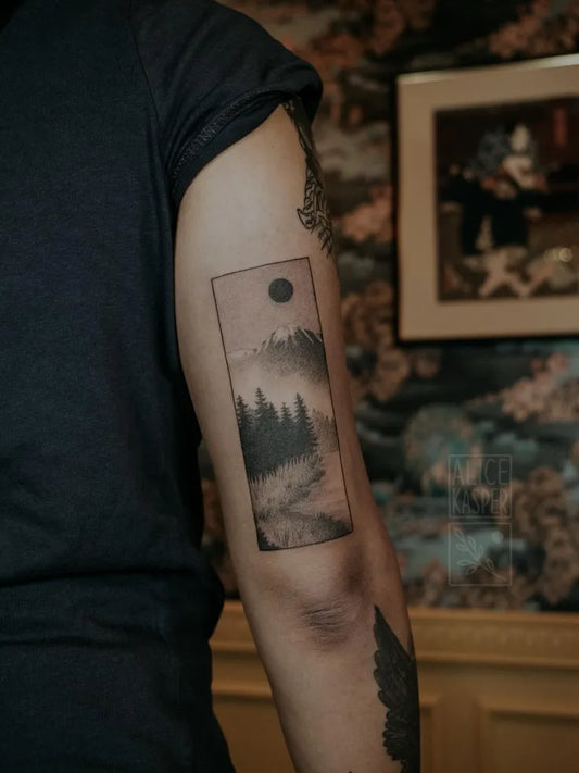 Medium Blackwork Mountain Forest Nature Tattoo on Men Arm by @alice_kasper