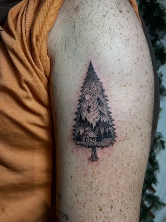 Medium Blackwork Mountain Landscape Tattoo on Men Arm by @valkyria_ink