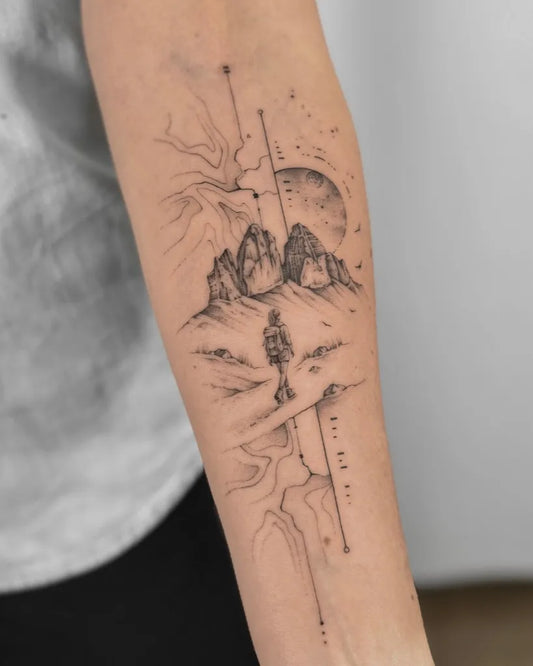 Medium Blackwork Mountain Moon Tree Tattoo on Women Arm by @judz.ttt