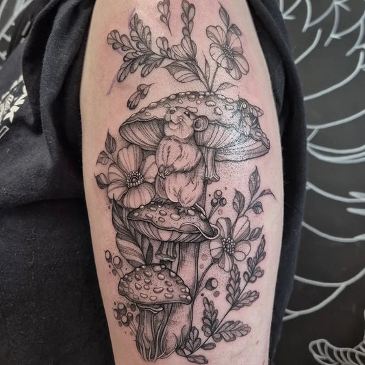 Medium Blackwork Mouse Mushrooms Nature Tattoo on Men Arm by @lilybirch.tattoos