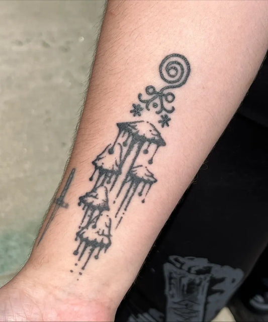 Medium Blackwork Mushroom Cluster on Women Arm Tattoo by @elvensigils