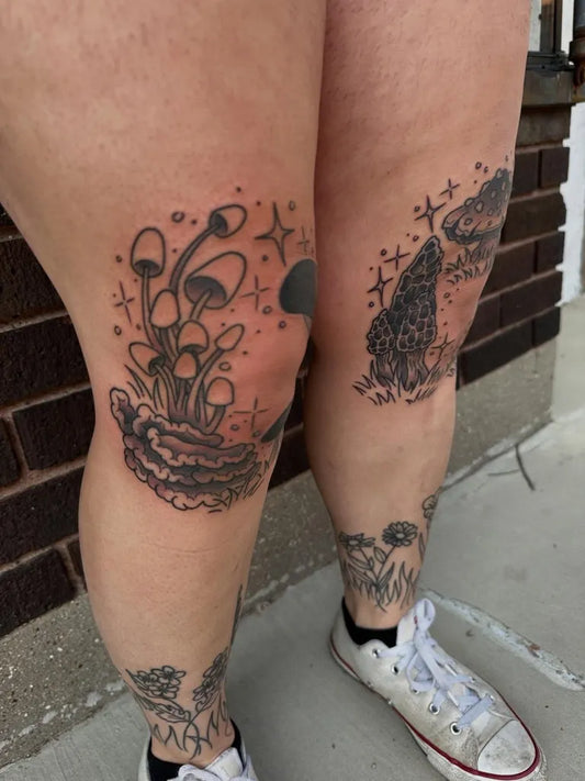 Medium Blackwork Mushrooms and Leopard Tattoo on Women Knee by @maelinjayne