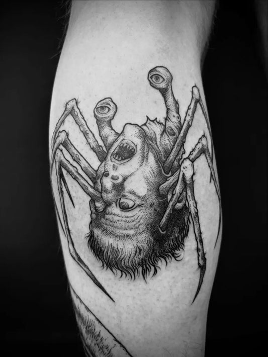 Medium Blackwork Mutant Spider Horror Tattoo on Men Leg by @cackhandedkid