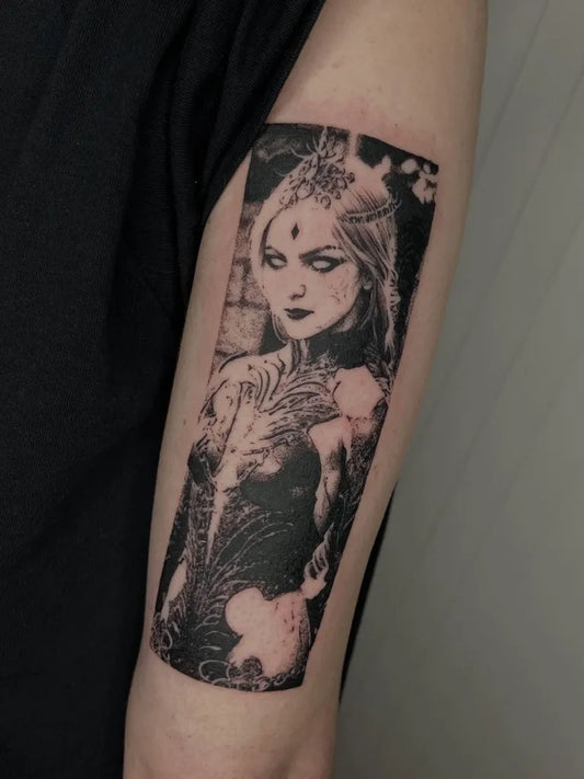 Medium Blackwork Mystical Woman Tattoo on Women Arm by @milkyy.strawberryy