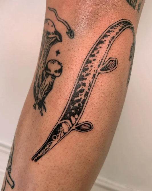 Medium Blackwork Needlefish and Mushroom Tattoo on Men Forearm by @clown.collegiate