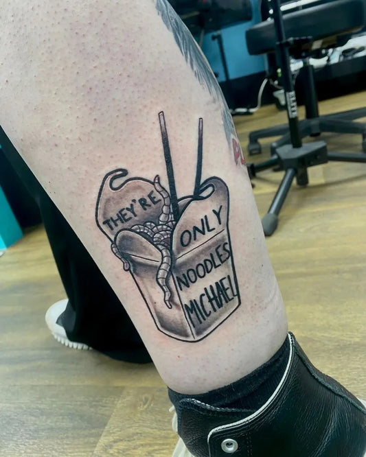 Medium Blackwork Noodles Takeout Box on Men Leg Tattoo by @gstattooshop