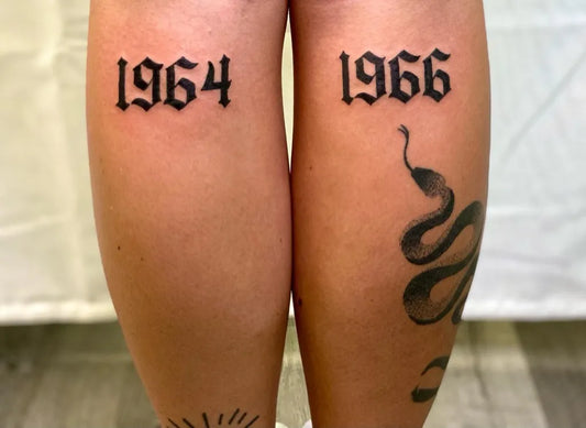 Medium Blackwork Numbers and Snake Tattoo on Women Calf by @littlewillytattoos