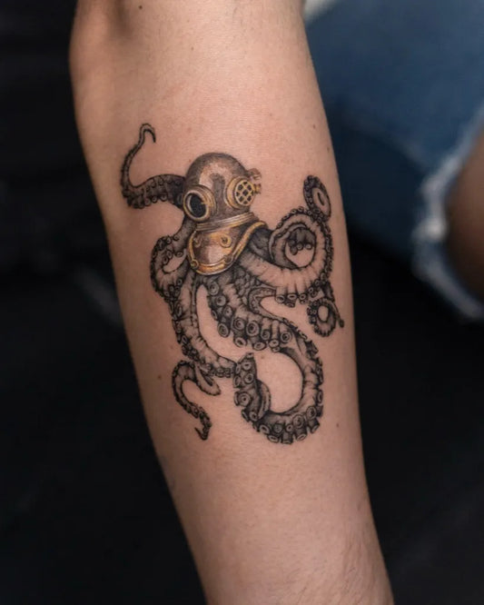 Medium Blackwork Octopus Diver Helmet Tattoo on Men Arm by @sem.tattoos