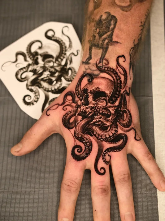 Medium Blackwork Octopus Skull Men Hand by @d.gone_ttt