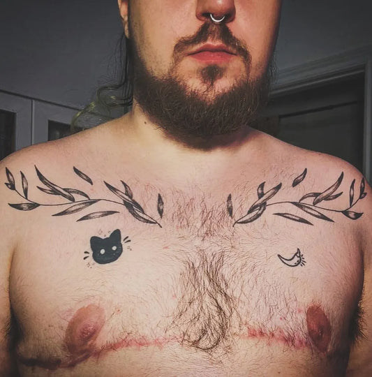 Medium Blackwork OliveBranches Cat Whisker Tattoo on Men Collarbone by @guaytattoos