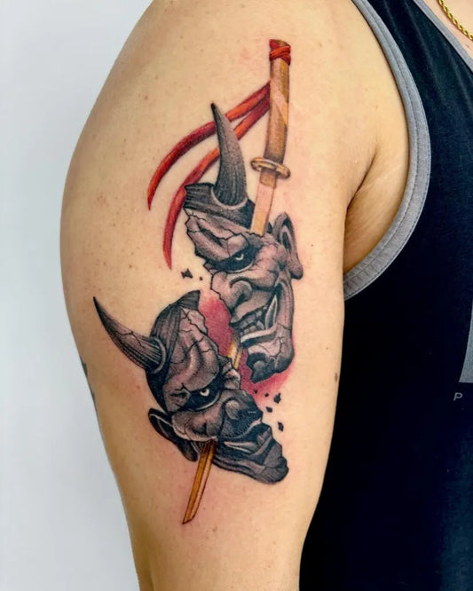 Medium Blackwork Oni Masks with Katana on Men Arm Tattoo by @artbymadiyoung