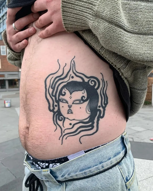 Medium Blackwork Oni Tattoo on Men Stomach by @scotty_rotten_tattooer
