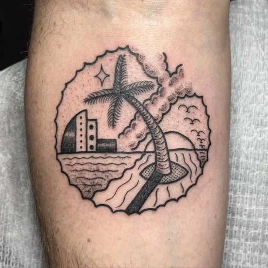 Medium Blackwork Palm Tree Island Sunset Nautical Tattoo on Men Arm by @discount_stab_shack