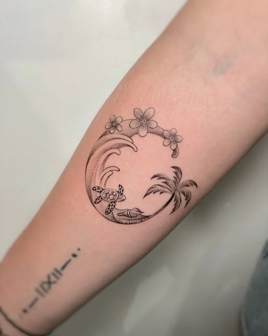Medium Blackwork Palm Tree Sea Turtle Waves Tattoo on Women Forearm by @daytwelvetattoostudio