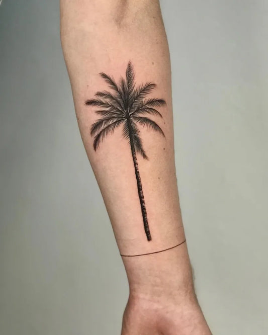 Medium Blackwork Palm Tree Tattoo on Men Arm by @yantinotattoo_ubud