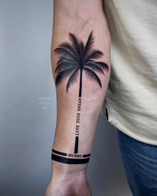 Medium Blackwork Palm Tree and Quote Tattoo on Men Arm by @ikova_ink