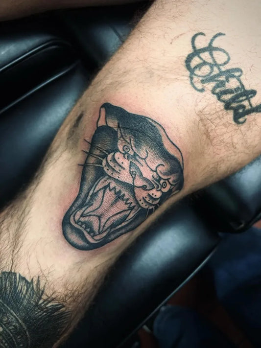Medium Blackwork Panther Tattoo on Men Knee by @tattedbygiorgi