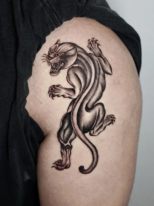 Medium Blackwork Panther Tattoo on Men Shoulder by @_bootattoos